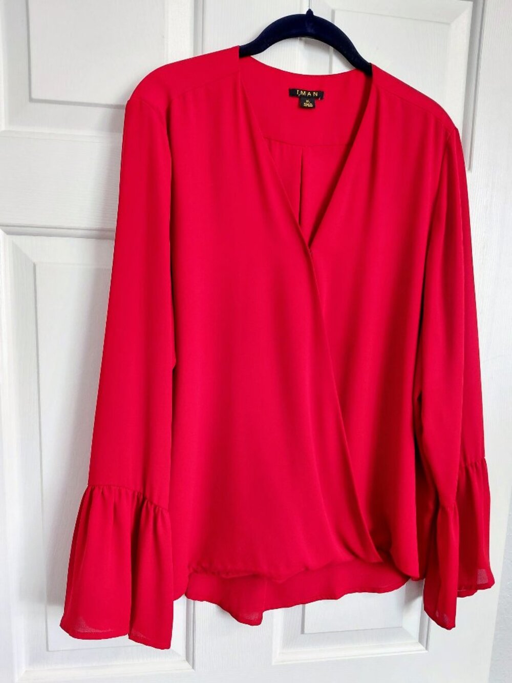 IMAN Global Chic - XL - Crossover Bell Sleeve Top – Georgette Blouse - Strawberr